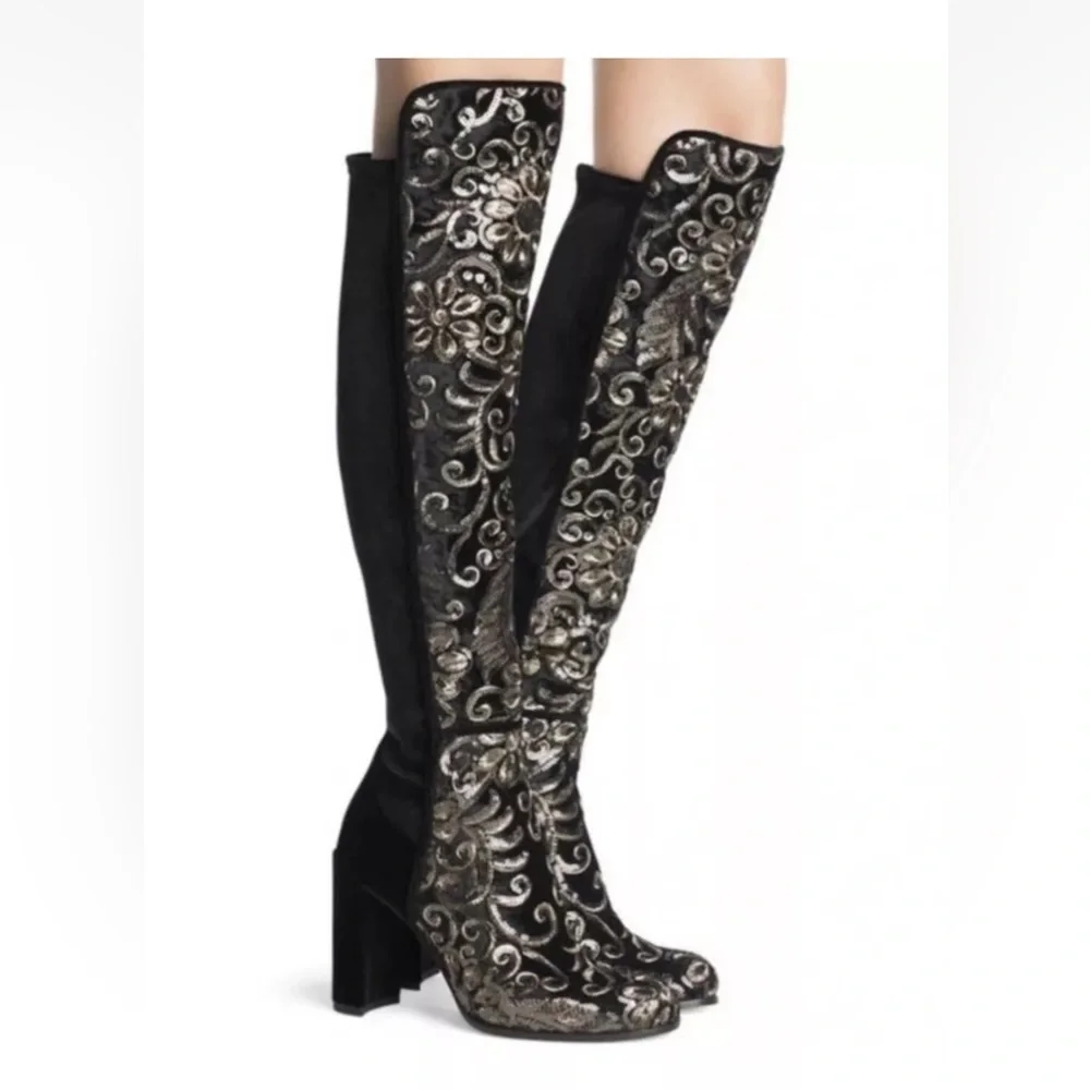 NWT Stuart Weitzman Black Alljil Knee High Sequin-embroidered Velvet Boots Sz 6